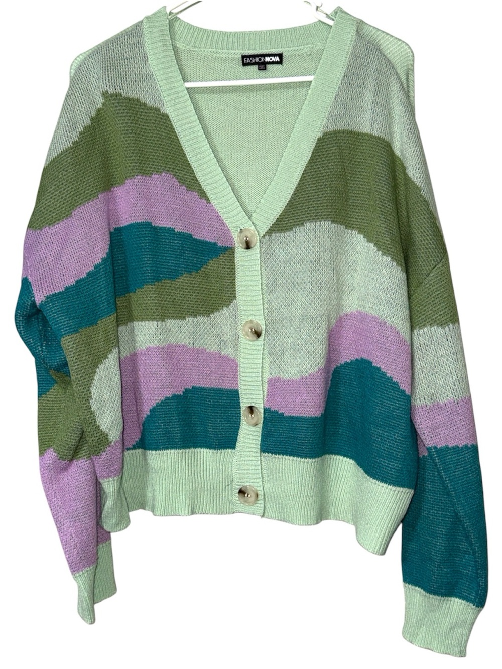Fashion Nova size XL electric sky abstract cardigan v neck button front striped